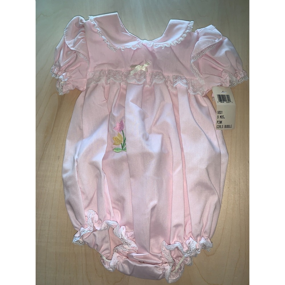 Vtg Alexis Pink Bubble Romper NWT Size 9 Mths Tulip Embroidery Lace Ruffles